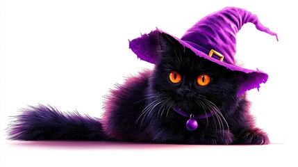 A playful black cat wearing a whimsical purple witch hat, perfect for Halloween or pet-themed celebrations. Halloween Background