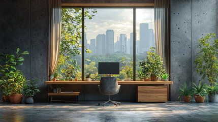 Canvas Print - A modern office with a desk, chair, and city view.