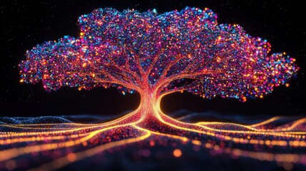 Wall Mural - sum of small efforts: a mosaic of tiny glowing shapes forming a large, vibrant tree of success, each