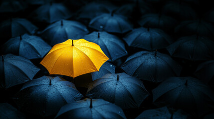 Yellow umbrella surrounded by black umbrellas. 