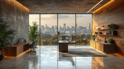 Sticker - Modern office with city views and a sleek desk.