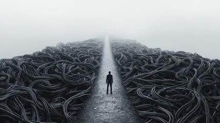 Wall Mural - tangled path: a long, winding path filled with knots and tangles, representing the complicated and d