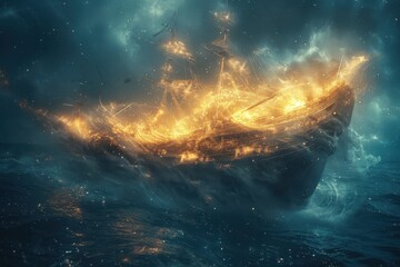 Wall Mural - A ship is on fire in the ocean