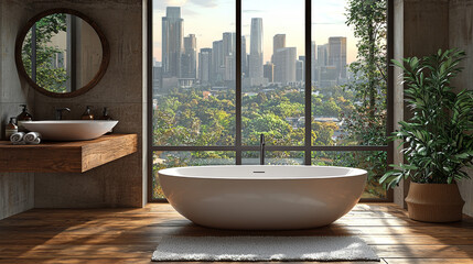 Sticker - Modern bathroom with a bathtub and a view of the city skyline.