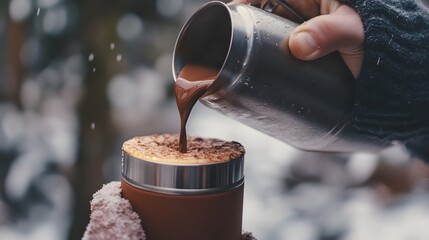 A close-up of a hand pouring a cup of hot chocolate from a thermos