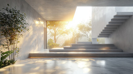 Canvas Print - Minimalist concrete staircase leading to a bright, open space with a view of trees and sun.