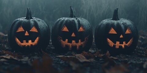 Three eerie black pumpkins with glowing faces are surrounded by mist and autumn leaves in a spooky forest setting on Halloween night