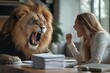 © ArtCraft - Businesswoman confronting a roaring lion in an office setting, symbolizing fierce negotiation, challenge, and determination