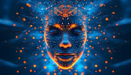 Abstract face design illuminated by blue and orange glow against a vibrant blue background