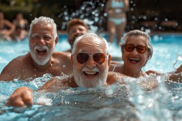 Seniors laugh and splash water as they play with shaving cream in an outdoor pool, embracing joy on a sunny day