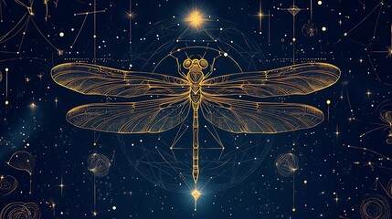 Golden dragonfly in a starry sky with a geometric design.