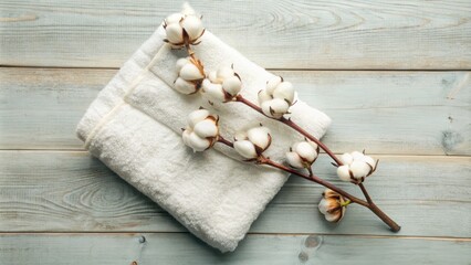 Soft cotton branch rests on a folded towel on wooden planks.