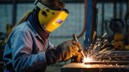 Metal Welder. Industrial Worker with protective mask welding metal at factory. Metalwork manufacturing and construction maintenance service concept.