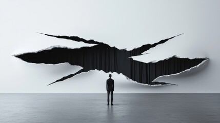 Wall Mural - torn fabric of reality: a human figure standing in front of a large fabric that, been torn in multip
