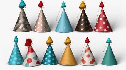 Wall Mural - Assortment of Colorful Paper Party Hats Isolated on Transparent Background for Birthday Celebrations, 3D Rendered Design


