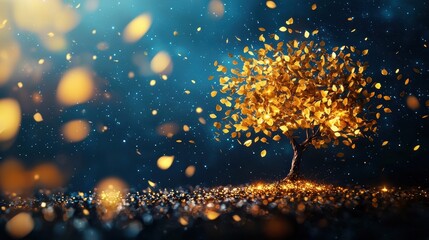 Wall Mural - tree of positivity: a glowing tree with golden leaves, each leaf representing a different positive t