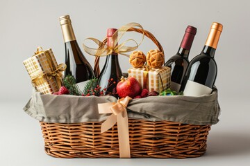 Wall Mural - A basket of wine and fruit is presented on a table