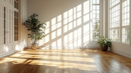 Wall Mural - Sunlight streams through the windows of an empty room, casting warm shadows on the wooden floor.