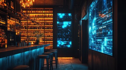 An innovative wine bar with interactive digital wine lists and bioluminescent pours, offering exquisite tastings style, isolated background