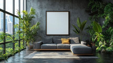 Canvas Print - A modern living room with a large, empty frame above a gray sectional sofa.