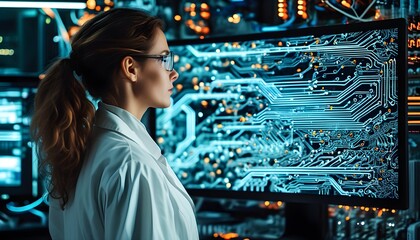 Woman in white lab coat explores technological advancement with intricate computer monitor showcasing complex network of wires and circuits