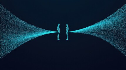Wall Mural - two human silhouettes standing on opposite sides of a digital bridge, with data streams flowing betw
