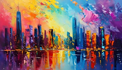 Wall Mural - Dreamy cityscape painting admired by a woman, vibrant colors and abstract shapes creating an imaginative atmosphere