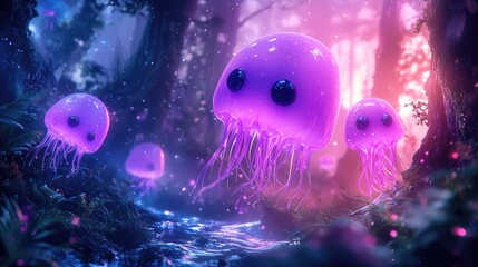 Wall Mural - hyper-realistic purple cute jelly fluffy with puff eyes running in a whimsical magical forrest with 