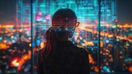 Wall Mural - A woman is looking out of a window at a cityscape. The city is lit up with bright lights, creating a vibrant and energetic atmosphere