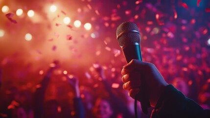 Concert scene with microphone and cheering crowd