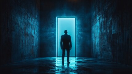 Poster - A man stands in front of a blue door in a dark room