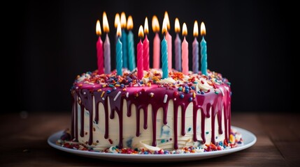 Poster - Vibrant birthday cake with colorful drip icing and lit candles, festive dessert for celebrations, close-up of sweet treat ideal for party themes, birthdays, and special occasions


