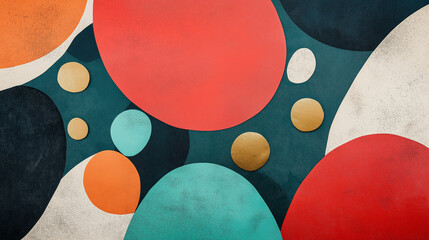 Bold abstract circles and spheres in red, teal, and gold, modern art background