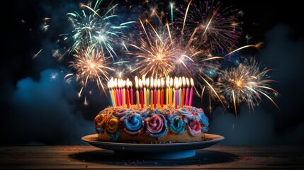 Wall Mural - Festive birthday cake with lit candles surrounded by colorful fireworks, perfect for celebrations, party invitations, and special event decorations



