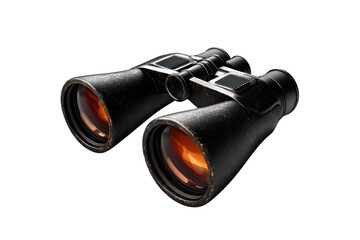 A pair of vintage black binoculars with red-tinted lenses isolated on a transparent background. Perfect for exploration and adventure themes.