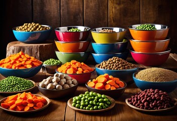 colorful bowls filled premium pet food featuring fresh ingredients nutrient rich delicacies pets, vibrant, nutrition, healthy, meals, dishes, gourmet