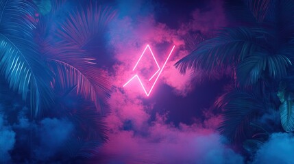 Neon Sign and Palm Leaves in a Misty Purple and Blue Atmosphere