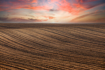 Sunrise over plowed field landscape,agriculture,Voivodina,Serbia