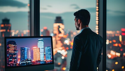 Focused businessman at computer with urban skyline backdrop, embodying the intersection of technology and modern city life