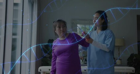 Poster - Animation of dna strands over asian female nurse treating female patient