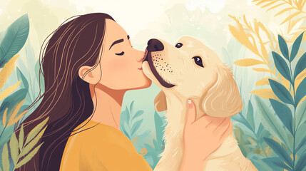 Girl with long black hair is kissing a white dog, flat design illustration