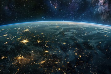 Wall Mural - stunning view of earth from space, showcasing illuminated city lights against the backdrop of a star