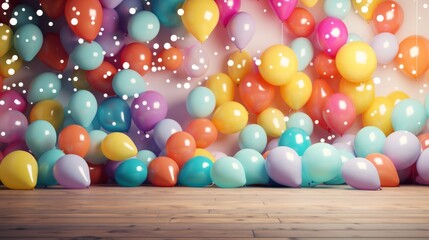 Wall Mural - Vibrant birthday or anniversary party scene with rainbow-colored balloons in motion, perfect for festive backgrounds, greeting cards, or party room decorations.

