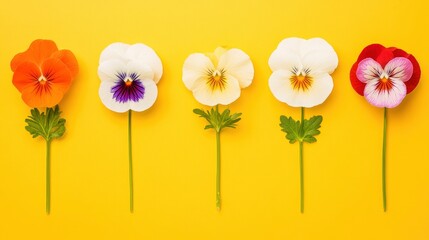 Canvas Print - Five Colorful Pansies on a Yellow Background