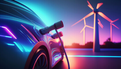 Wall Mural - turbine on the road with electric car charging