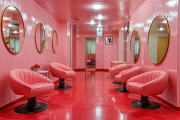 Interior of modern beauty salon with pink walls, red floor, comfortable pink armchairs and oval mirrors.