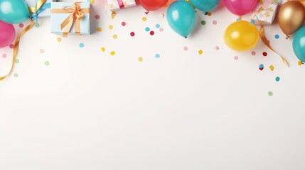 Wall Mural - Festive birthday party background with colorful balloons, gifts, confetti, and streamers - holiday frame with ample copy space, top view


