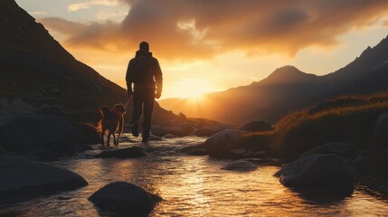 hiker and dog walking along mountain stream at sunset, embracing adventure, freedom, and the beauty 