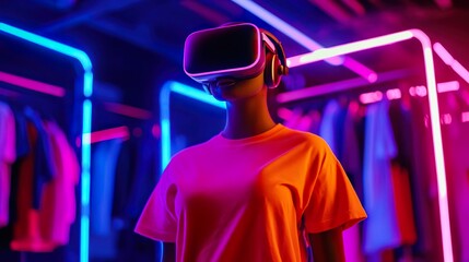 Mannequin wearing VR headset in a neon lit clothing store.