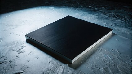 Poster - Closed black book rests on a textured gray surface.